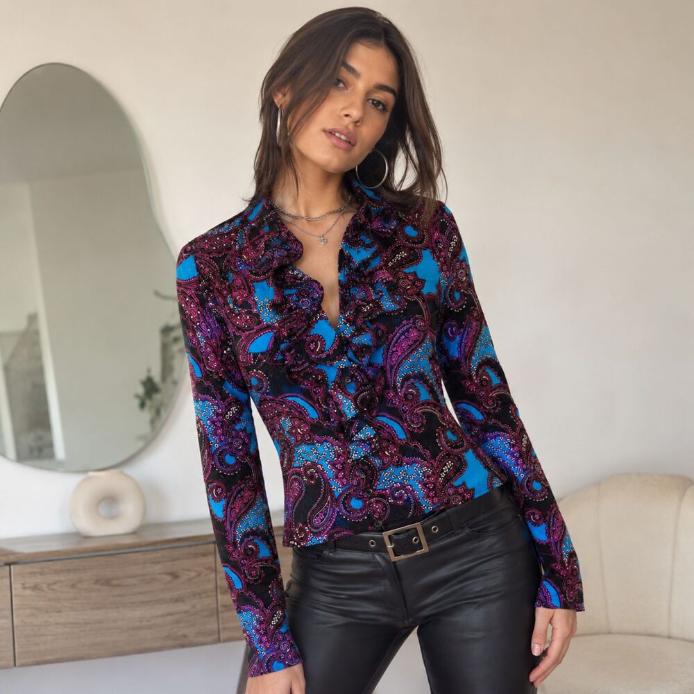 Y2K Fairy Festival Paisley Whimsigoth Button Up Long Sleeve Mesh Top